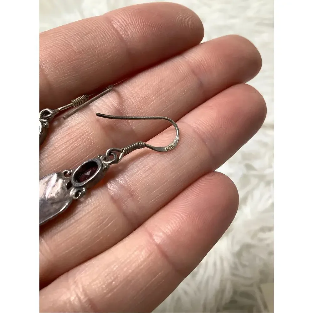 Vintage 925 Sterling Silver Amethyst Feather Dangle Earrings Southwestern E20-21